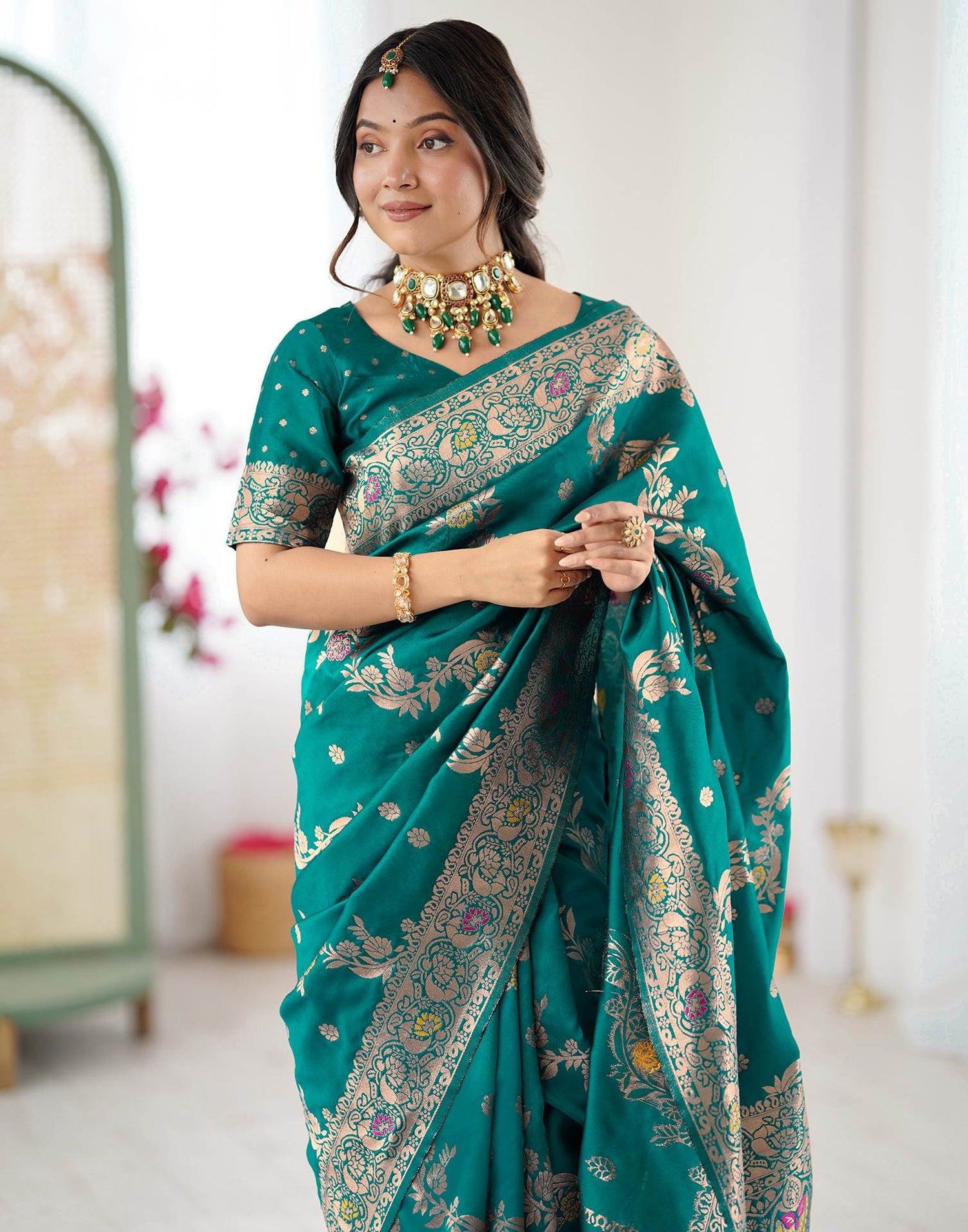 Teal Green Silk Woven Banarasi Saree