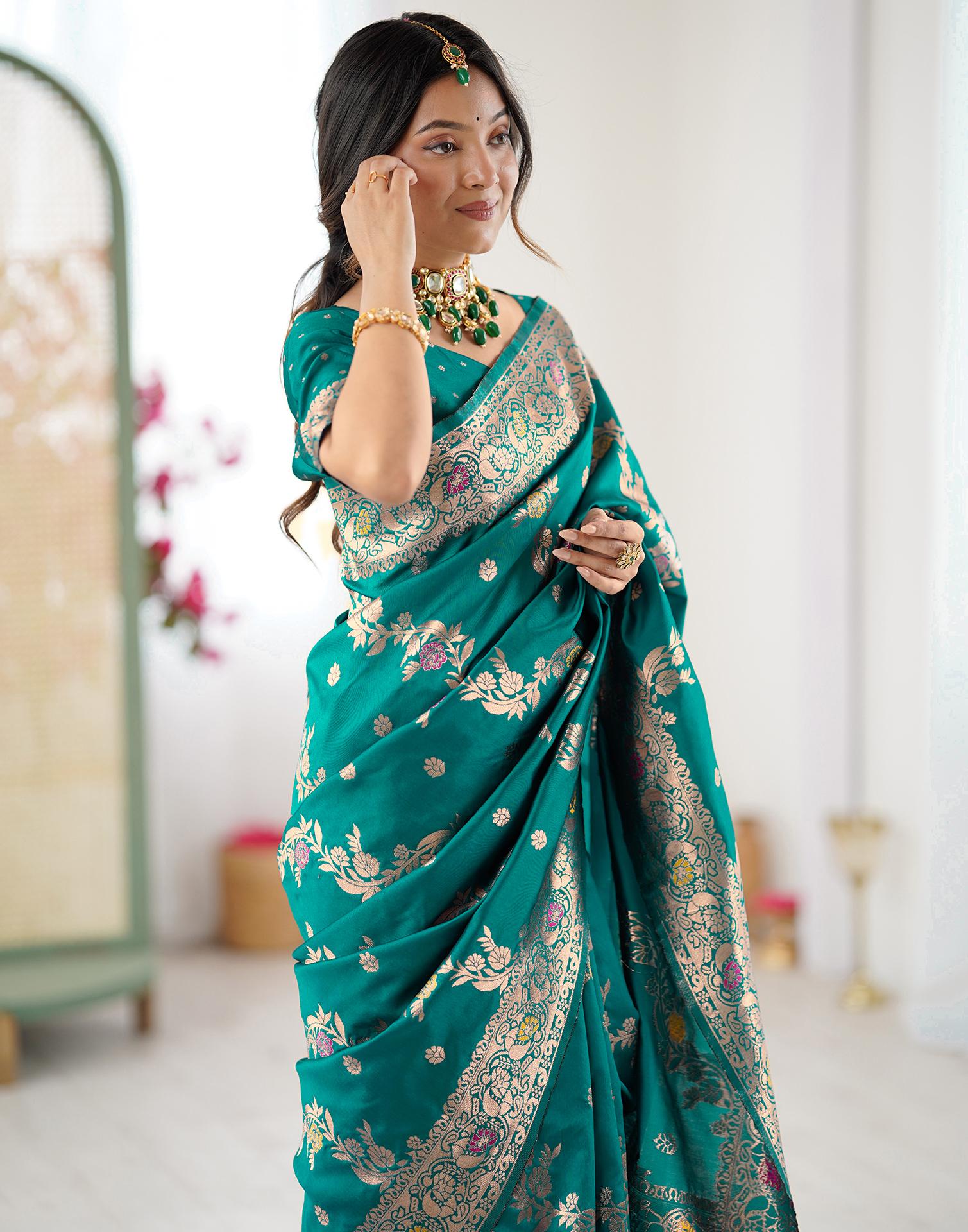Teal Green Silk Woven Banarasi Saree