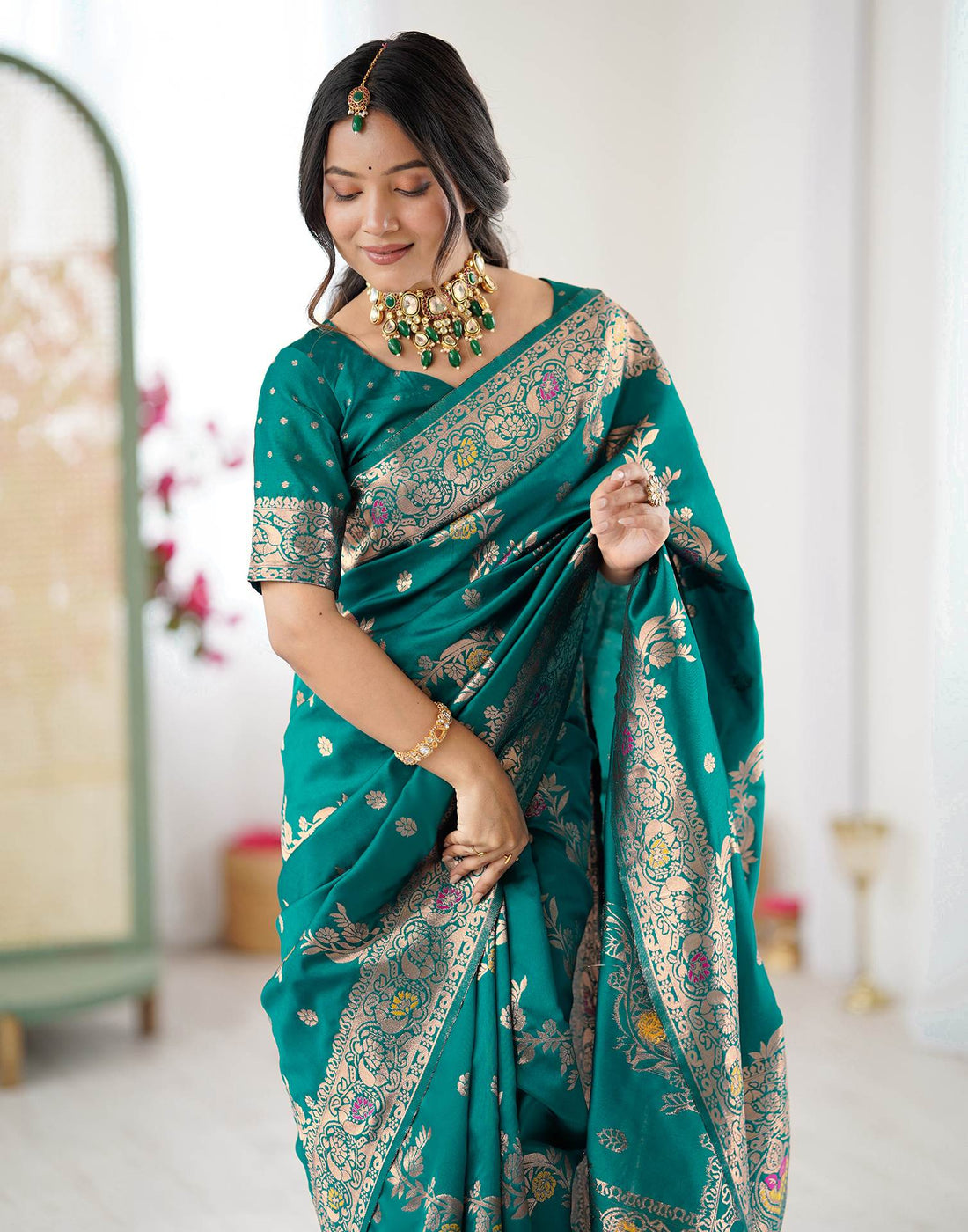 Teal Green Silk Woven Banarasi Saree