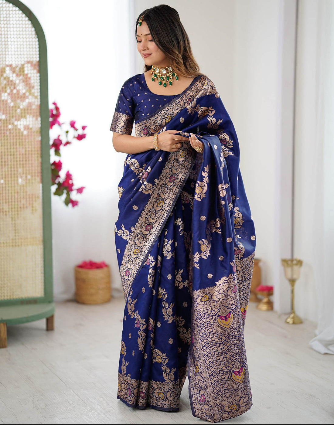 Navy Blue Silk Woven Banarasi Saree