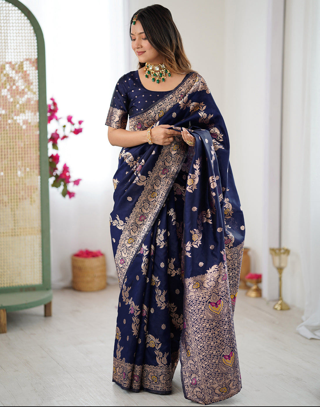 Navy Blue Silk Woven Banarasi Saree