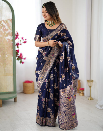 Navy Blue Silk Woven Banarasi Saree