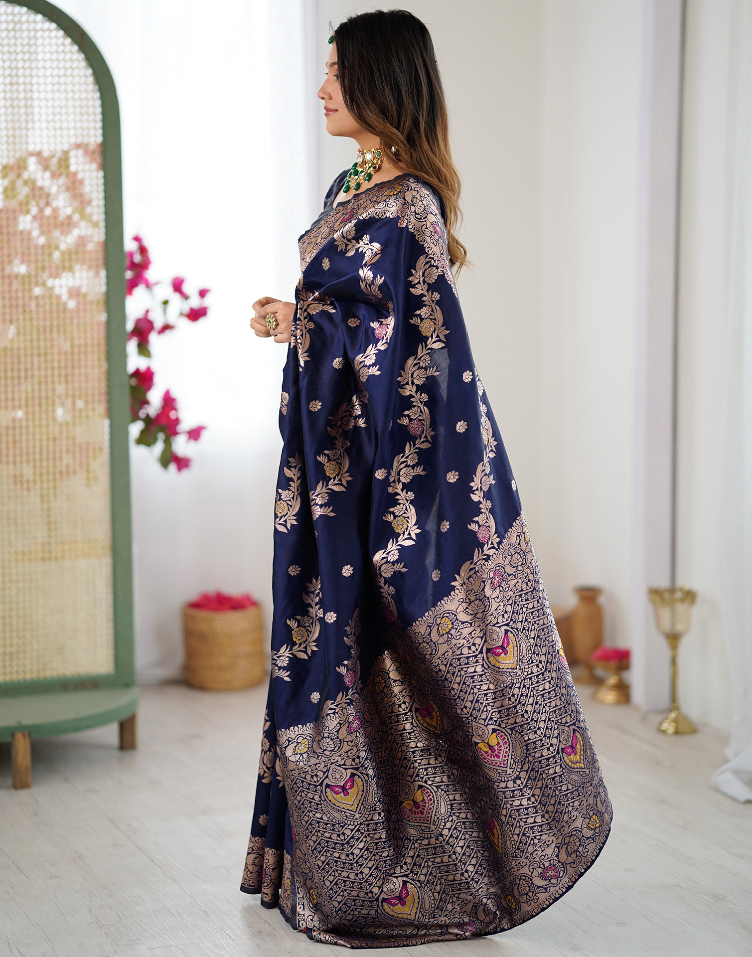 Navy Blue Silk Woven Banarasi Saree