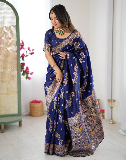 Navy Blue Silk Woven Banarasi Saree