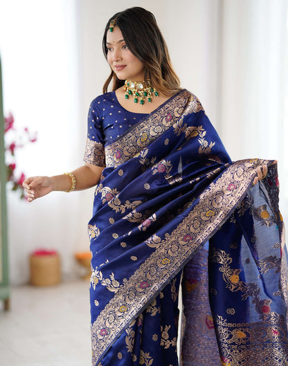 Navy Blue Silk Woven Banarasi Saree
