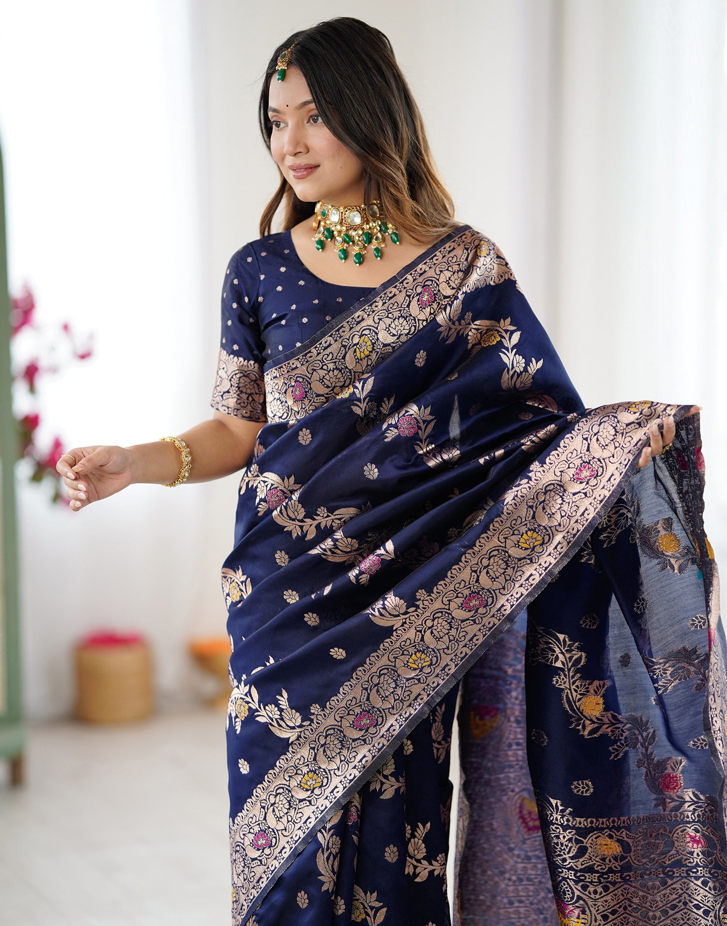 Navy Blue Silk Woven Banarasi Saree