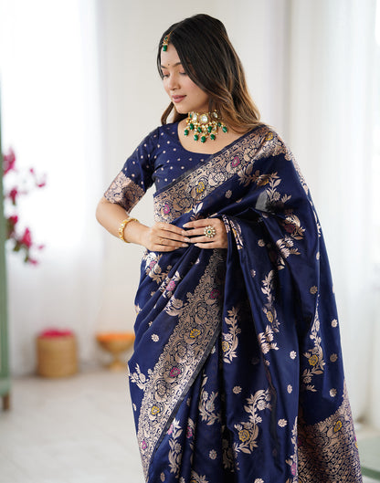 Navy Blue Silk Woven Banarasi Saree
