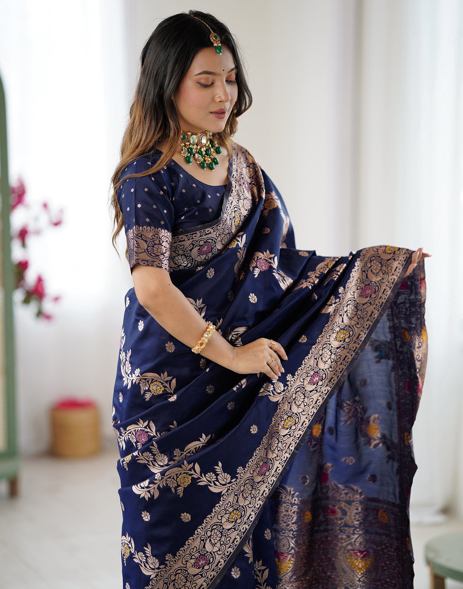 Navy Blue Silk Woven Banarasi Saree