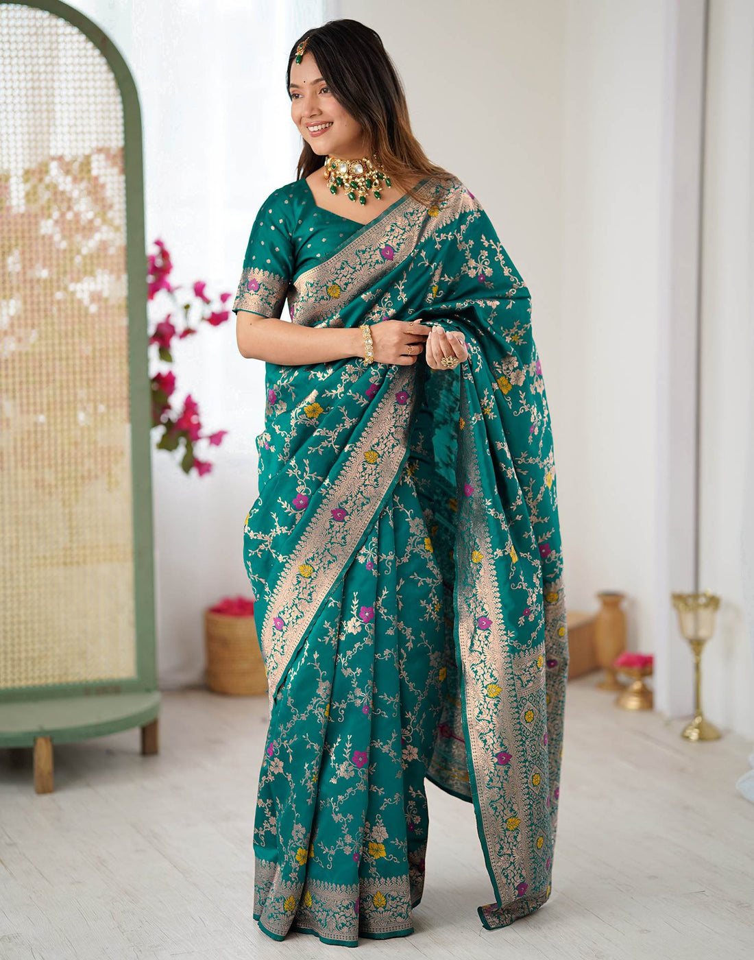 Teal Green Silk Woven Banarasi Saree