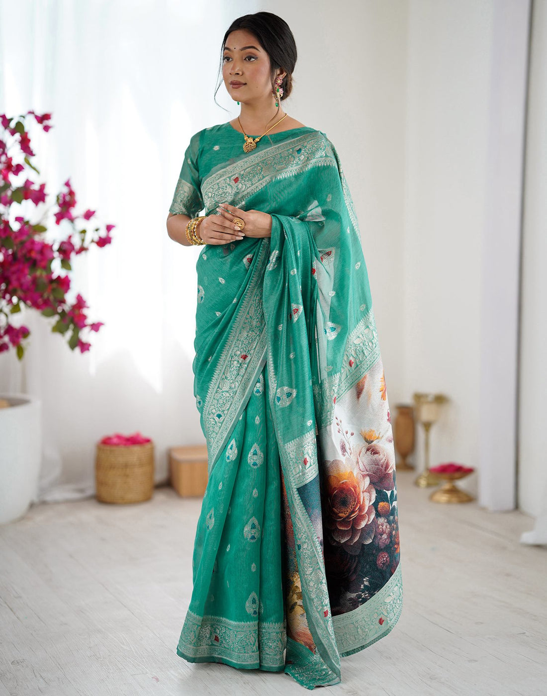 Light Teal Green Chanderi Cotton Woven Saree