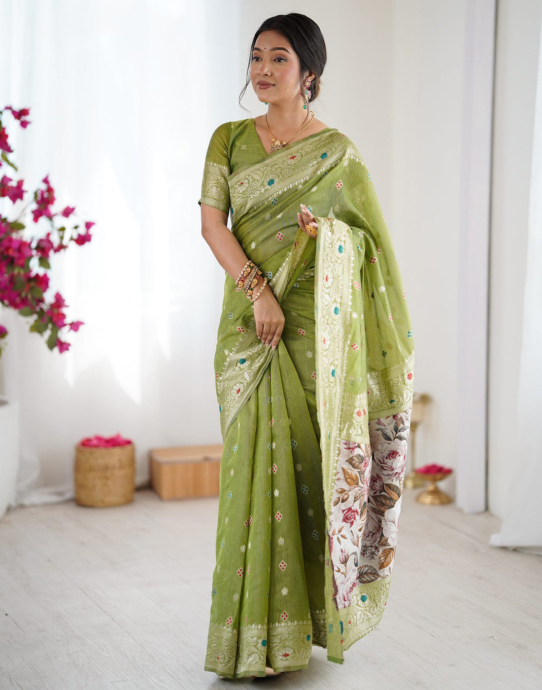 Pista Green Chanderi Cotton Woven Saree