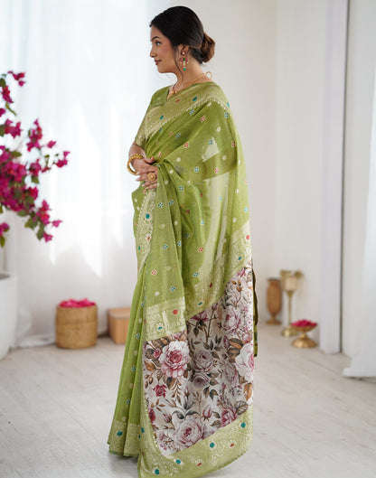 Pista Green Chanderi Cotton Woven Saree