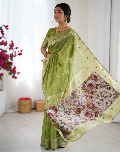 Pista Green Chanderi Cotton Woven Saree