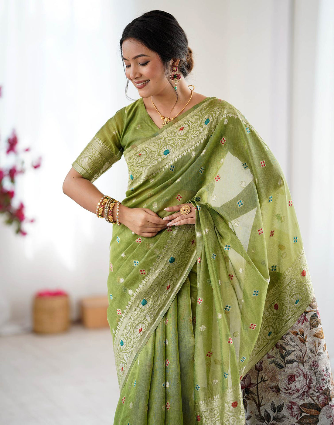 Pista Green Chanderi Cotton Woven Saree