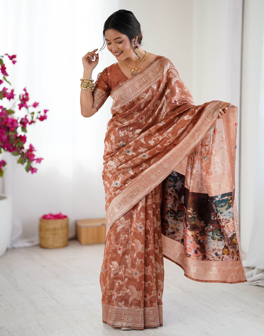 Brown Chanderi Cotton Woven Saree