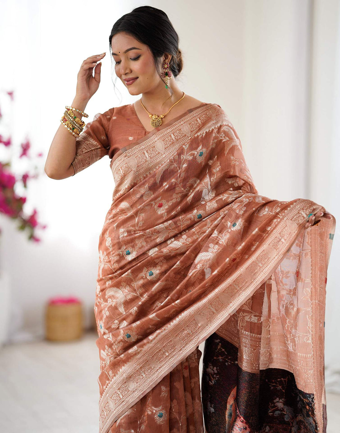 Brown Chanderi Cotton Woven Saree