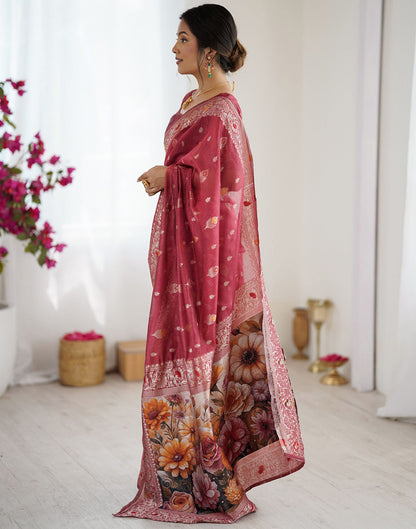 Light Red Chanderi Cotton Woven Saree