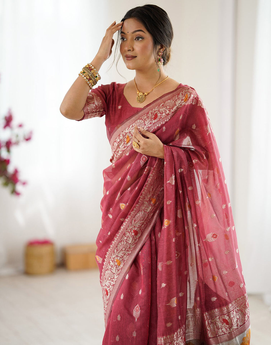 Light Red Chanderi Cotton Woven Saree