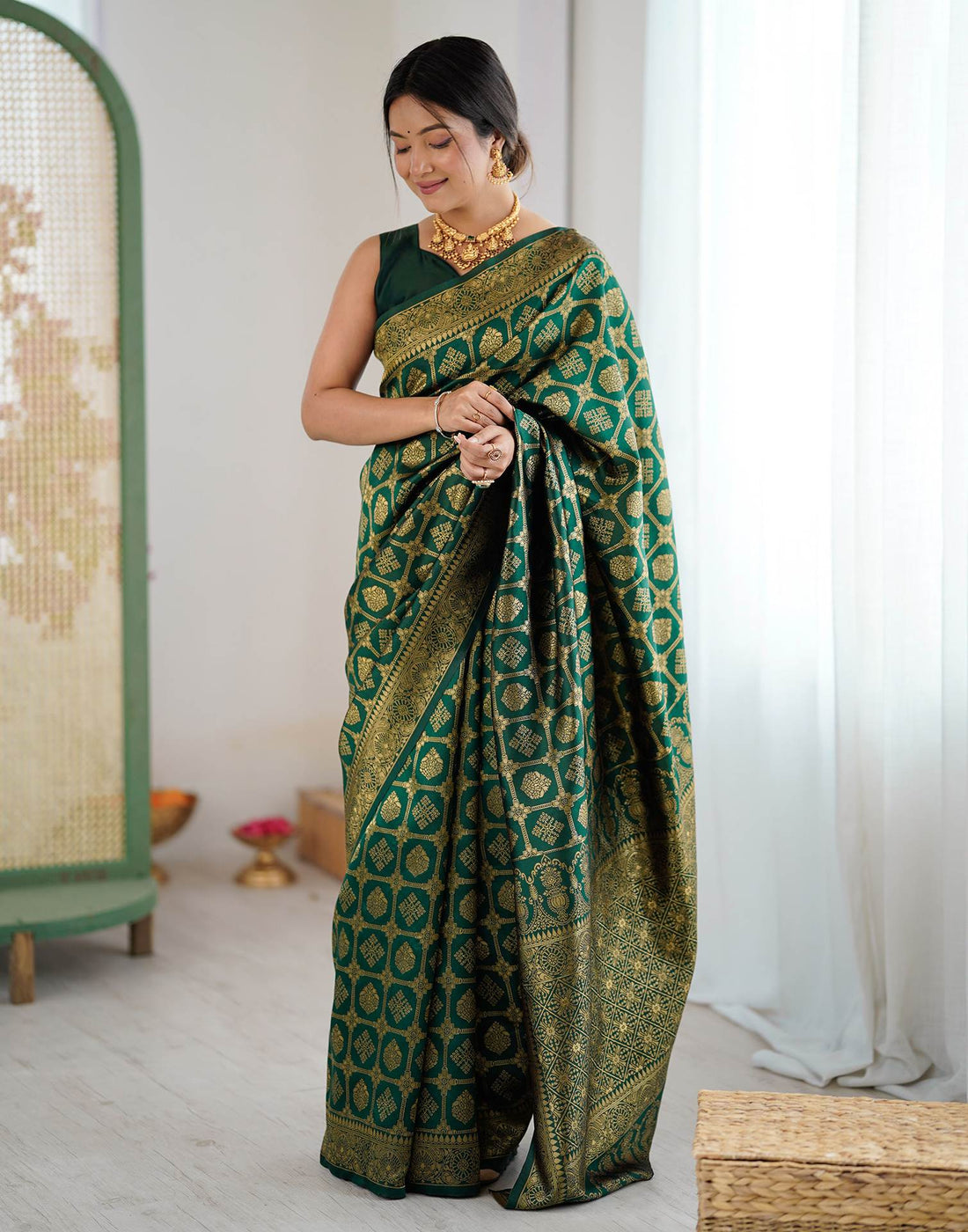 Bottle Green Silk Woven Saree