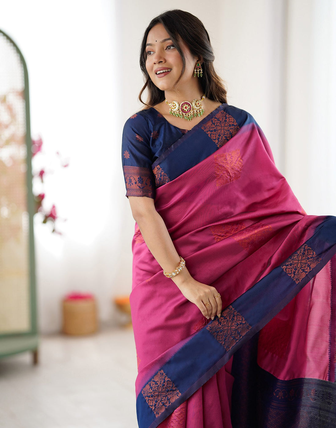 Dusty Rani Pink Silk Woven Saree