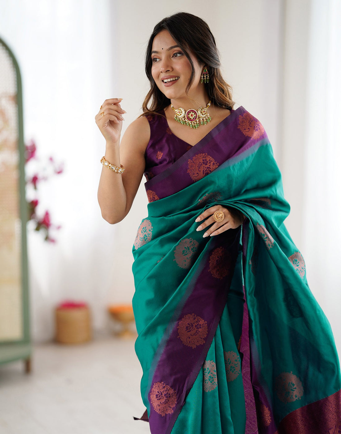 Teal Green Silk Woven Saree