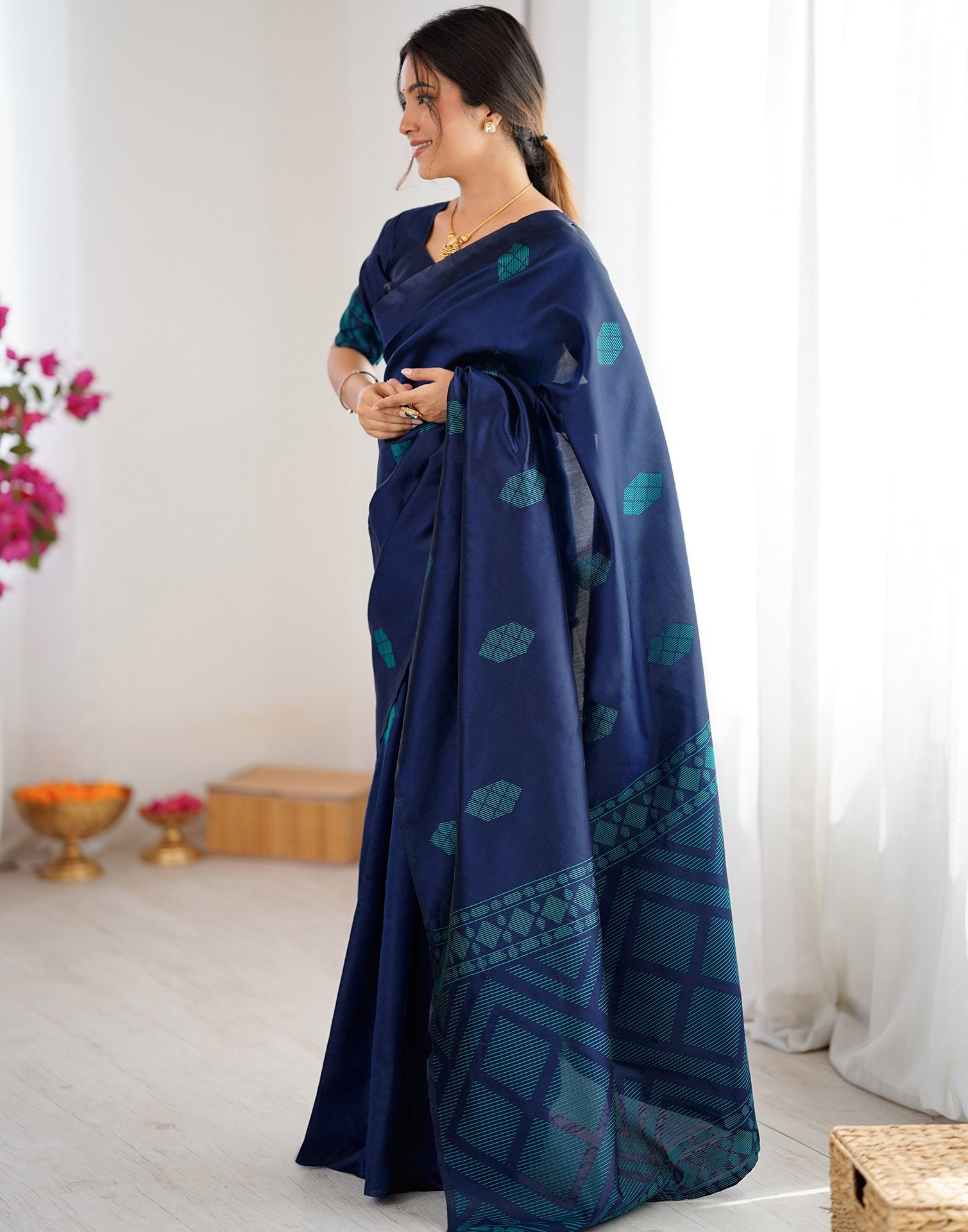 Navy Blue Silk Woven Saree