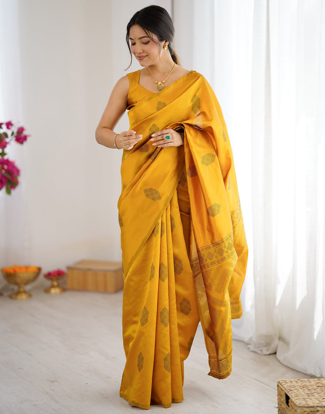 Yellow Silk Woven Saree