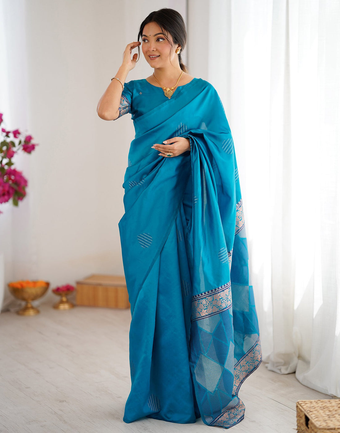 Teal Blue Silk Woven Saree