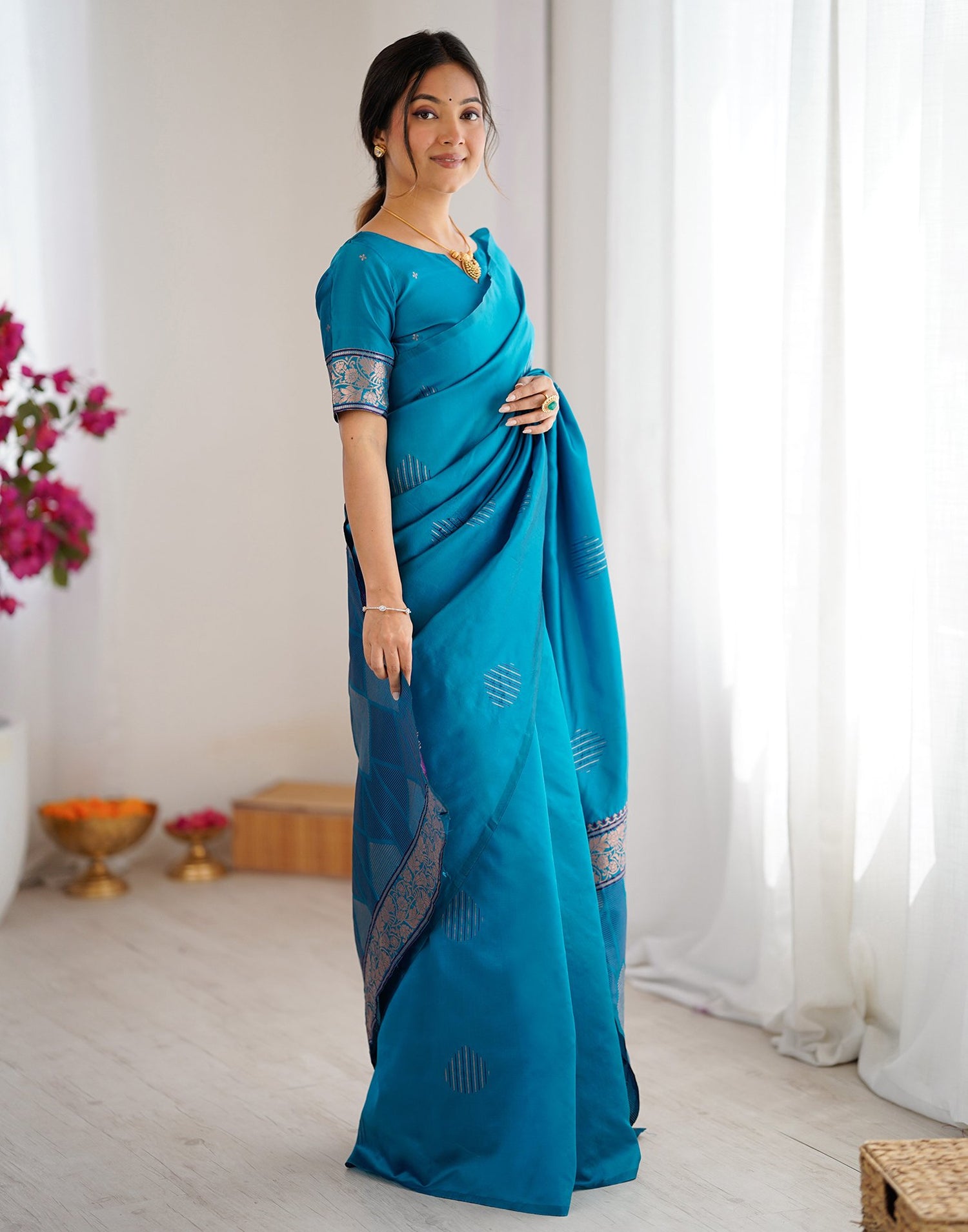 Teal Blue Silk Woven Saree