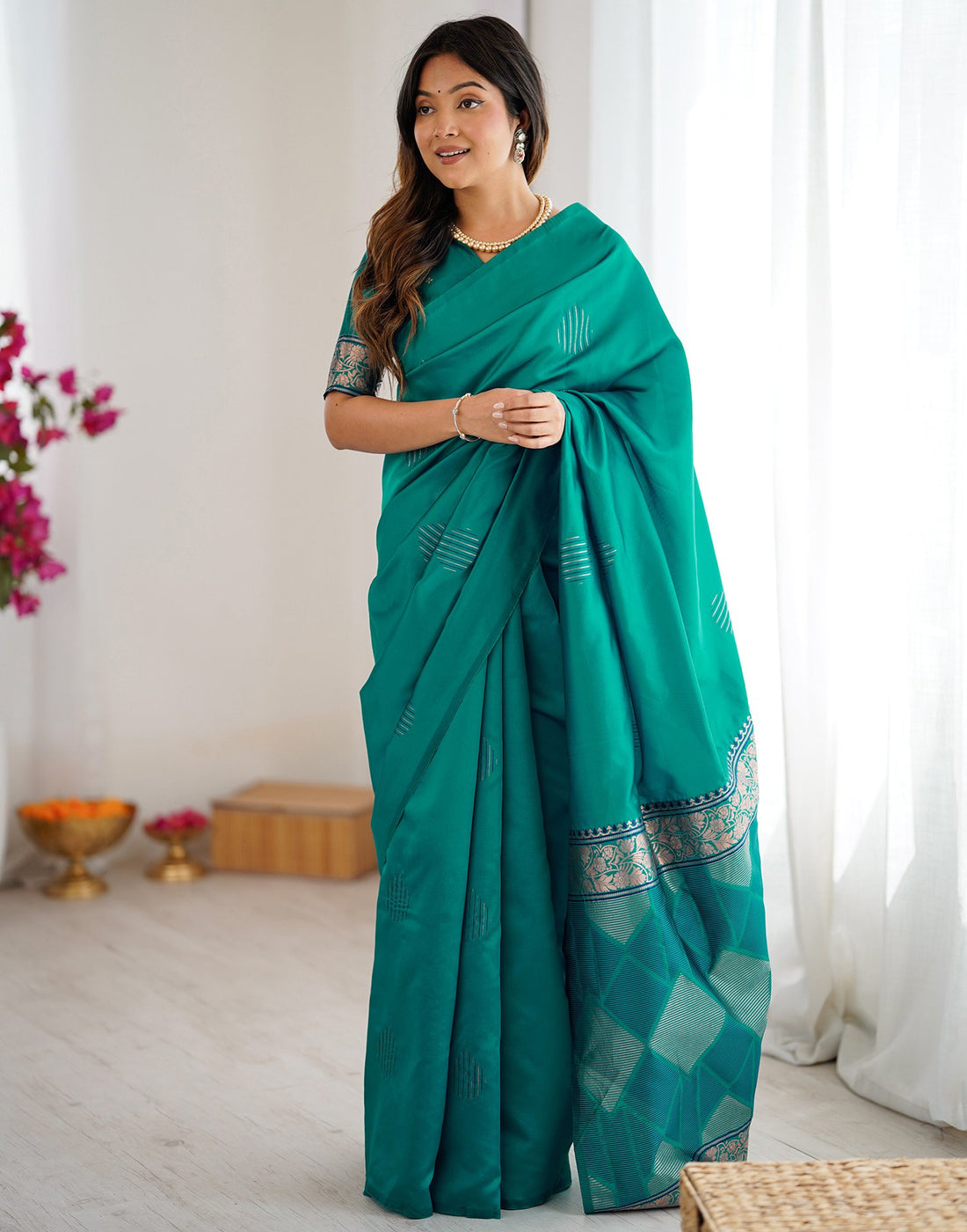 Teal Green Silk Woven Saree