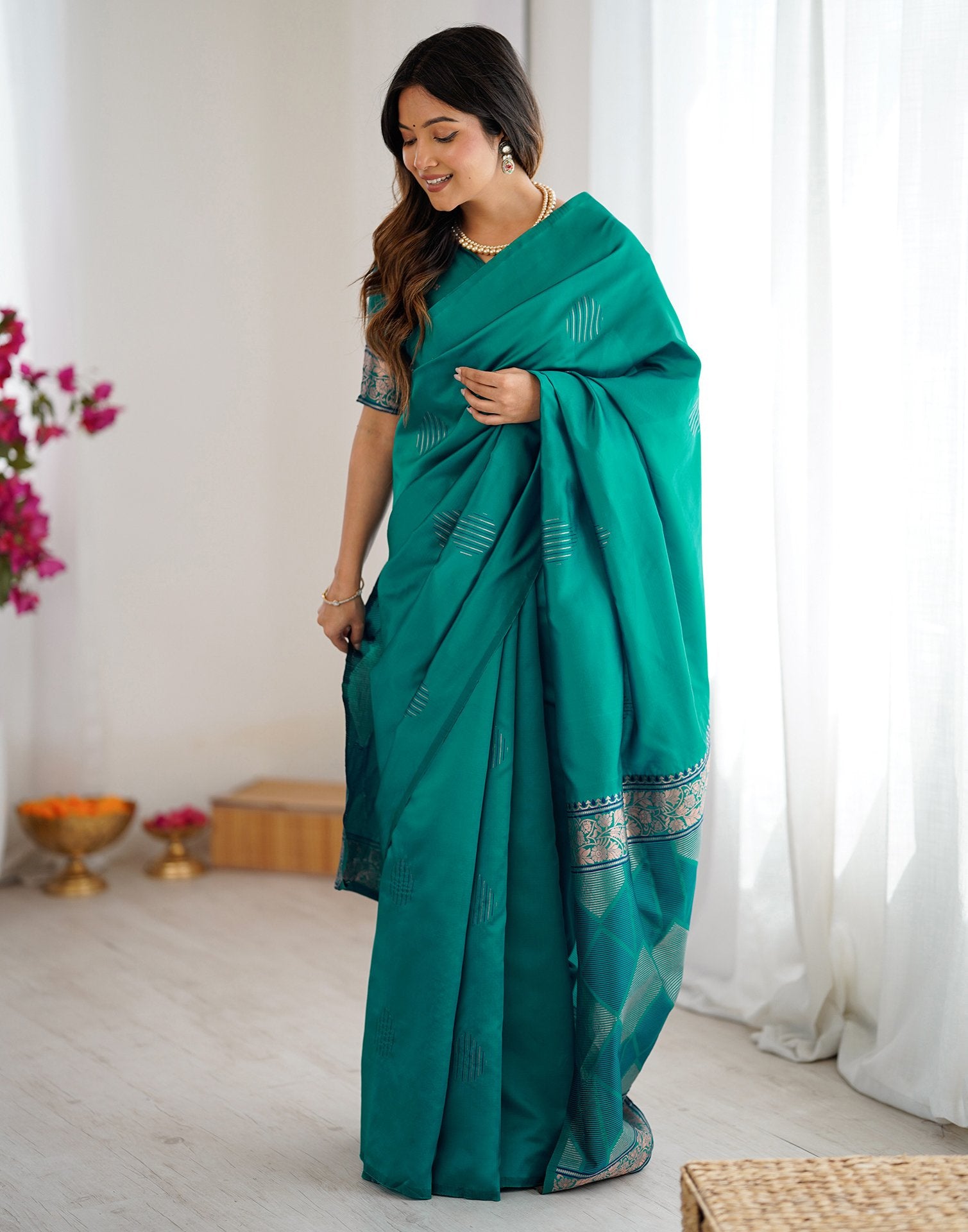Teal Green Silk Woven Saree