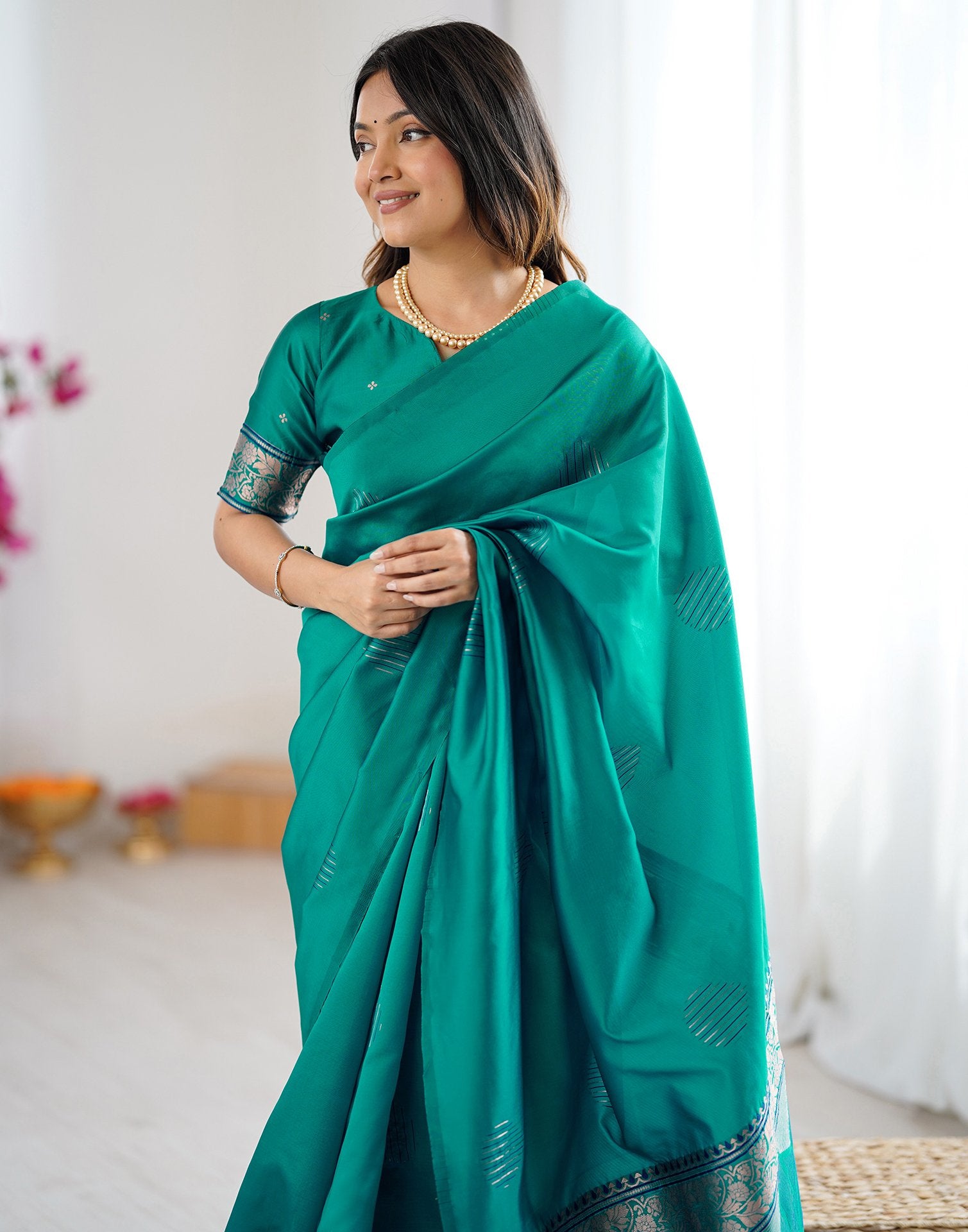 Teal Green Silk Woven Saree