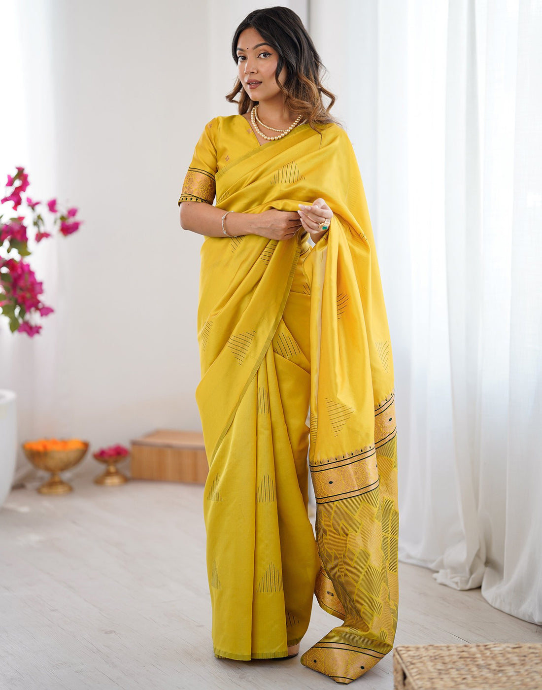 Yellow Silk Woven Saree
