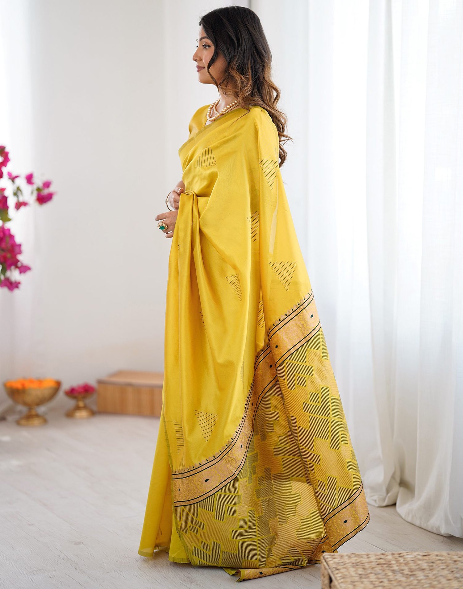 Yellow Silk Woven Saree