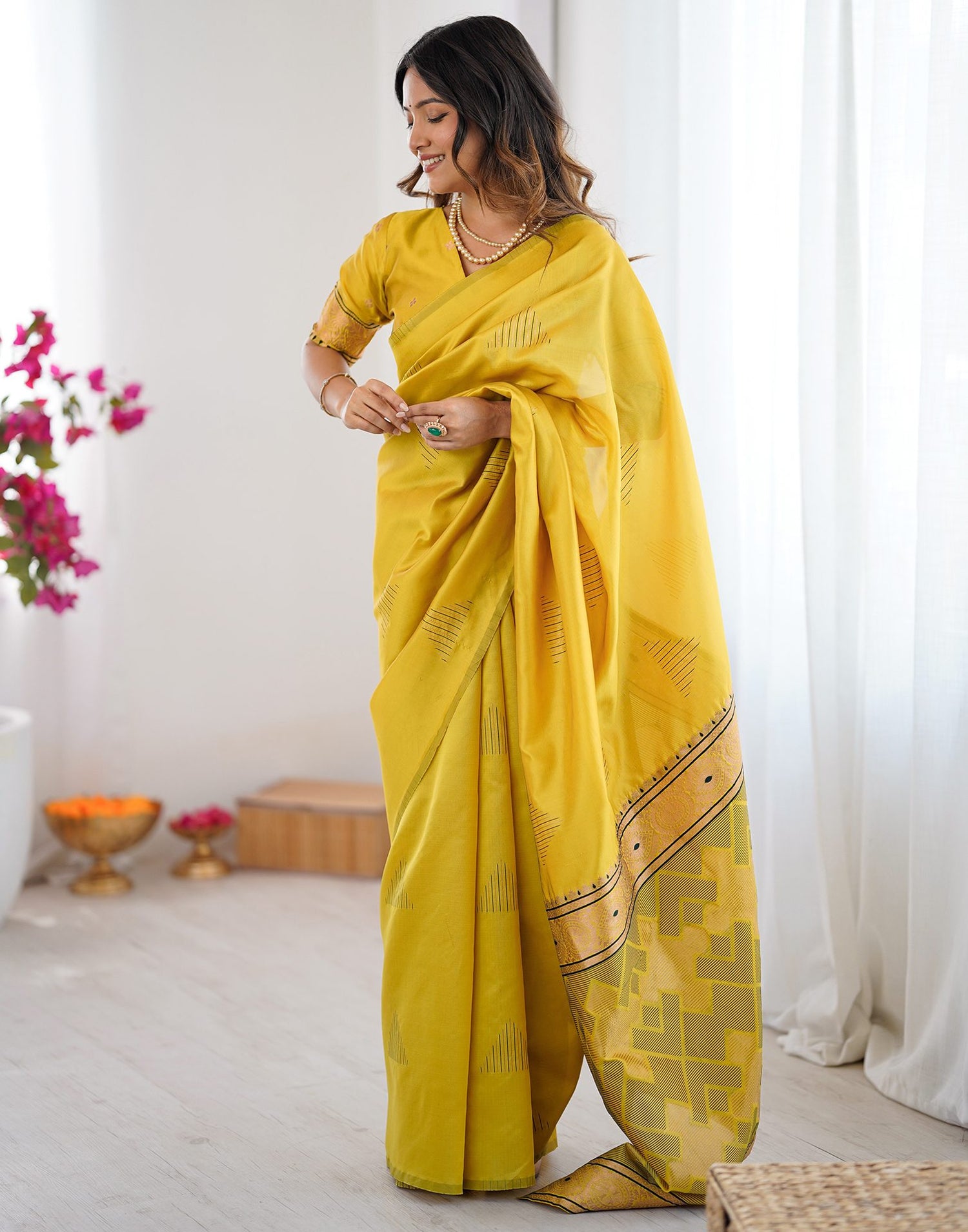Yellow Silk Woven Saree