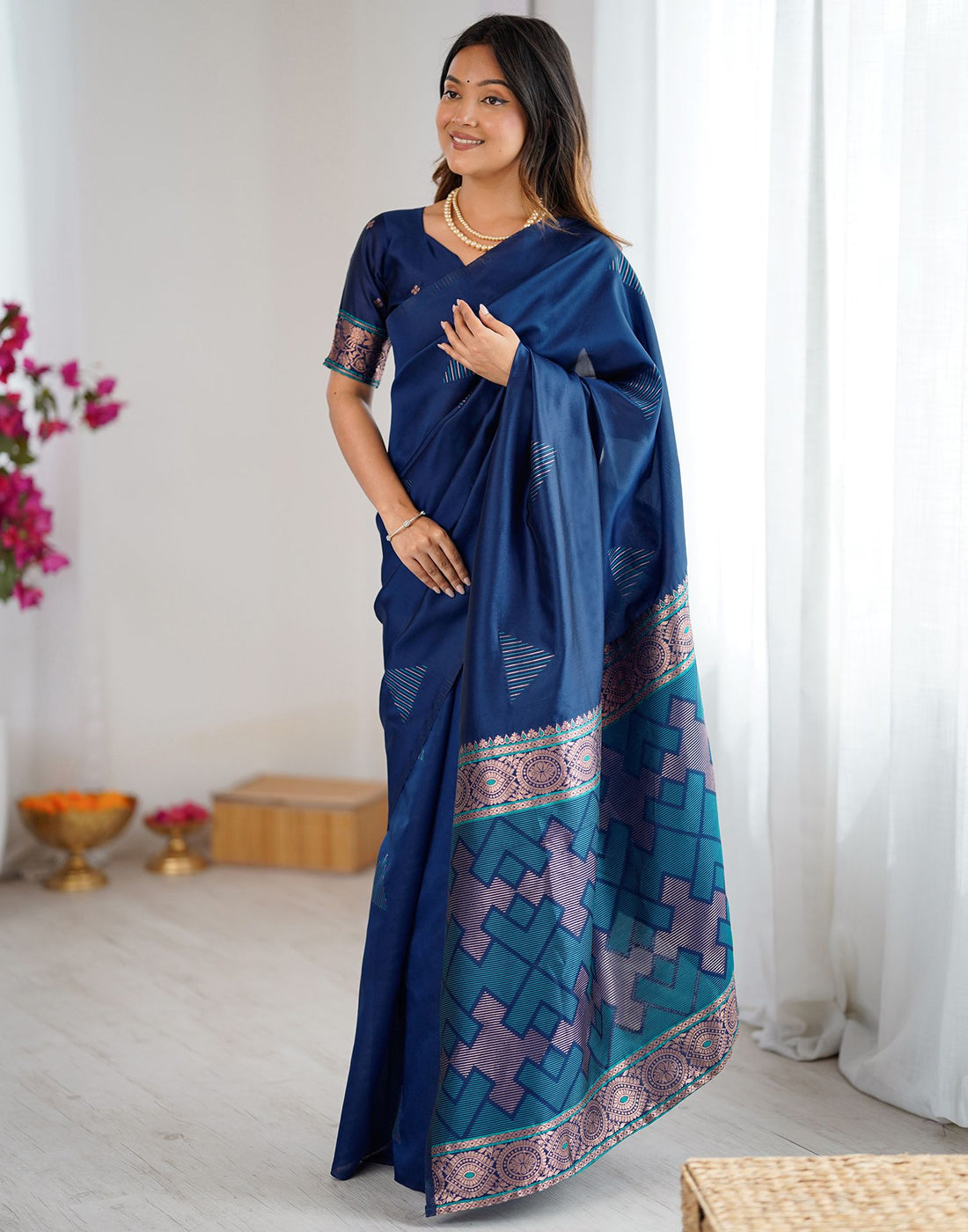 Navy Blue Silk Woven Saree