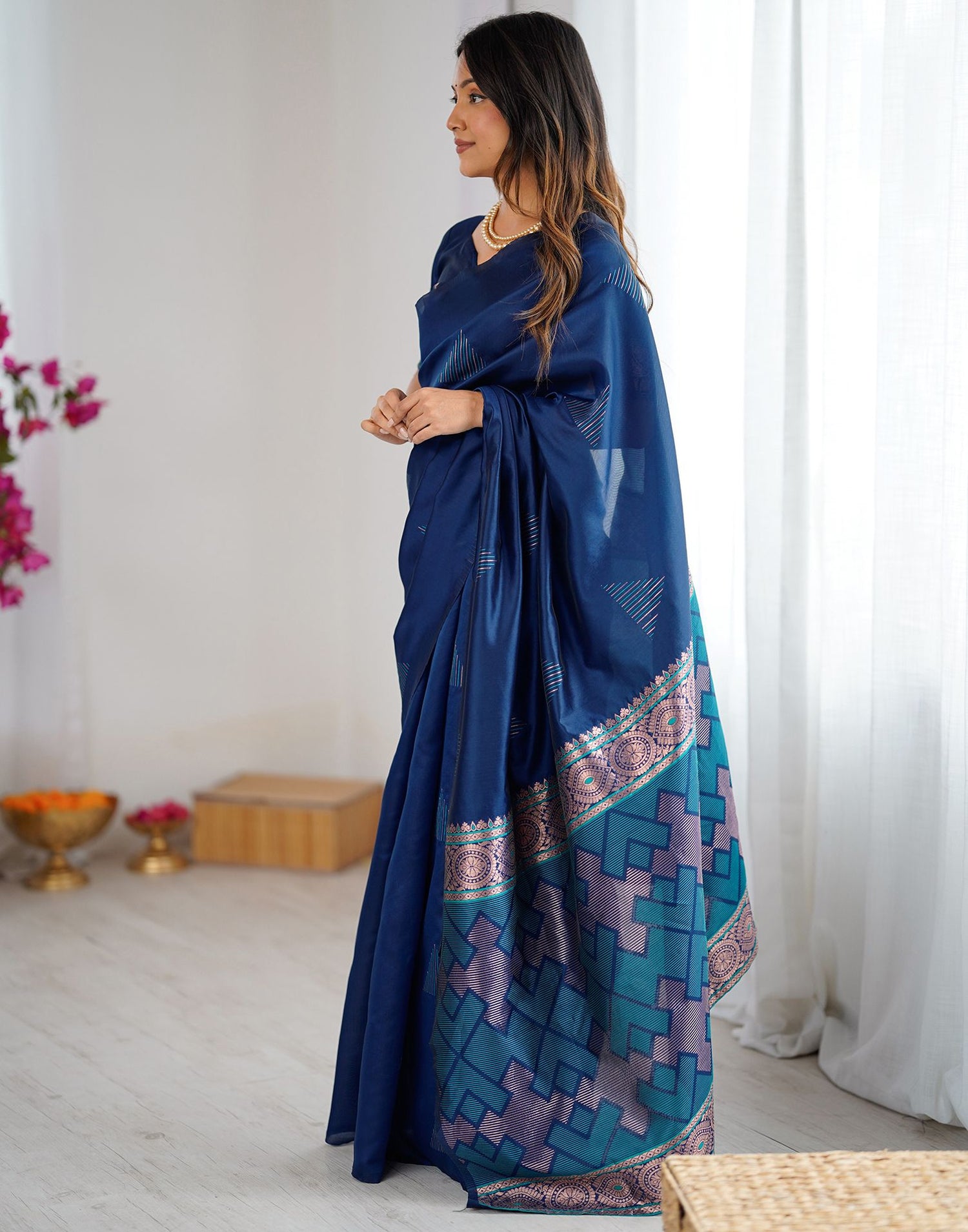 Navy Blue Silk Woven Saree
