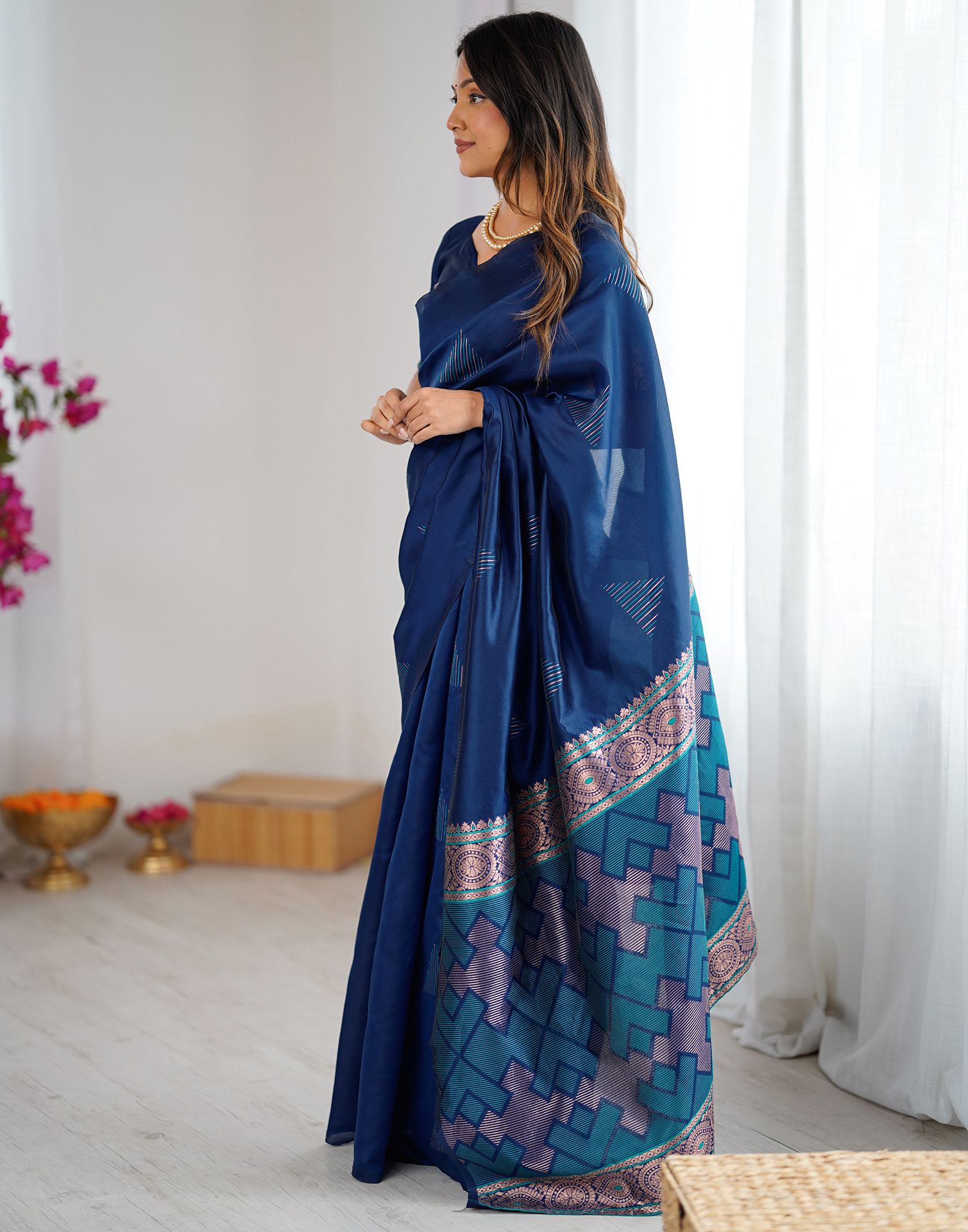 Navy Blue Silk Woven Saree