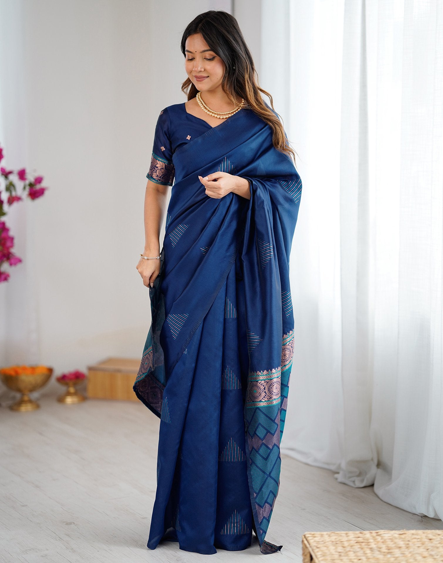 Navy Blue Silk Woven Saree