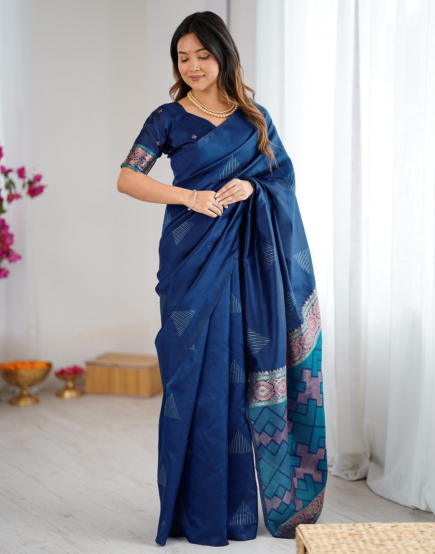 Navy Blue Silk Woven Saree