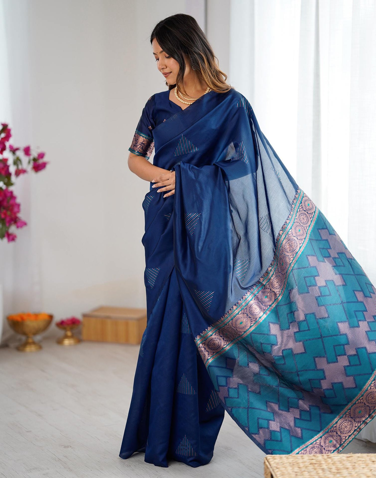 Navy Blue Silk Woven Saree