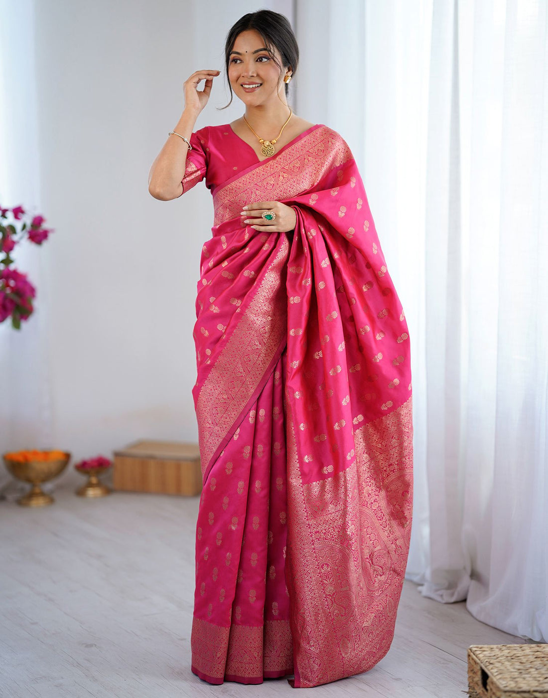 Coral Pink Silk Woven Banarasi Saree