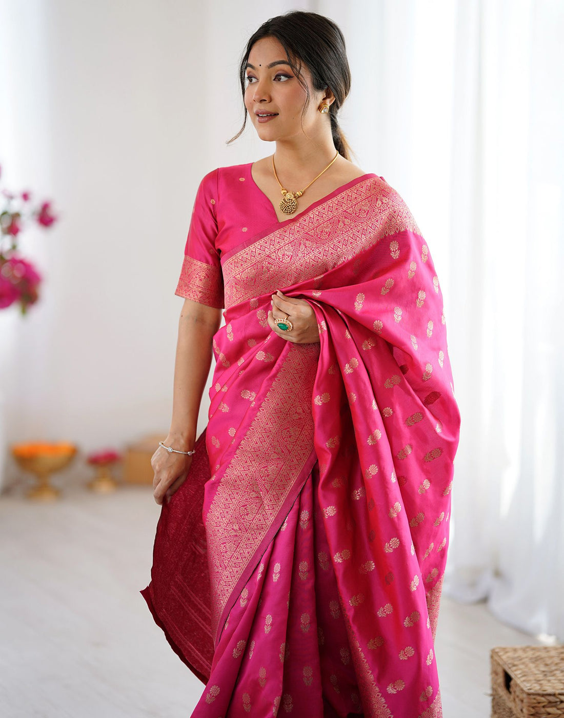 Coral Pink Silk Woven Banarasi Saree