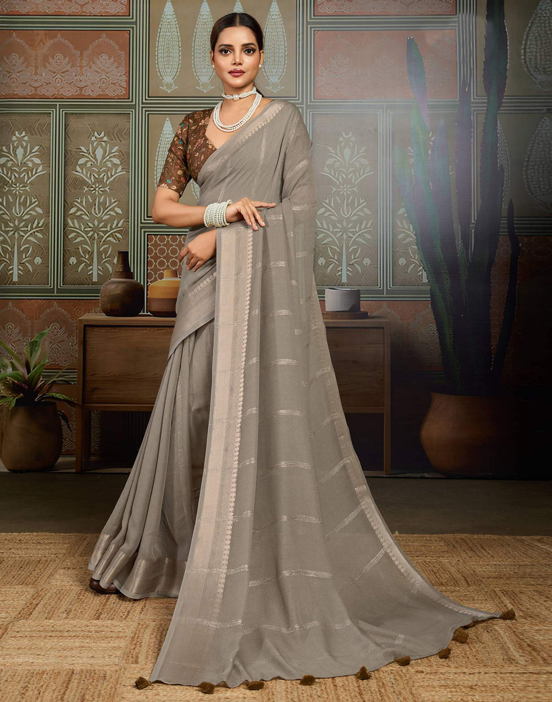 Grey Chiffon Woven Saree
