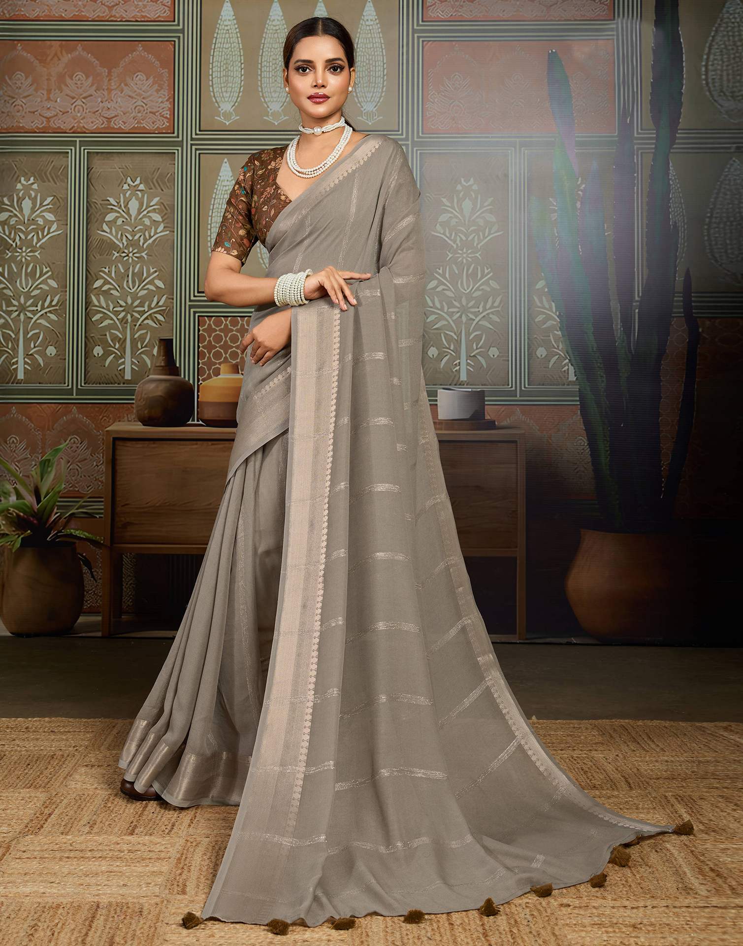 Grey Chiffon Woven Saree