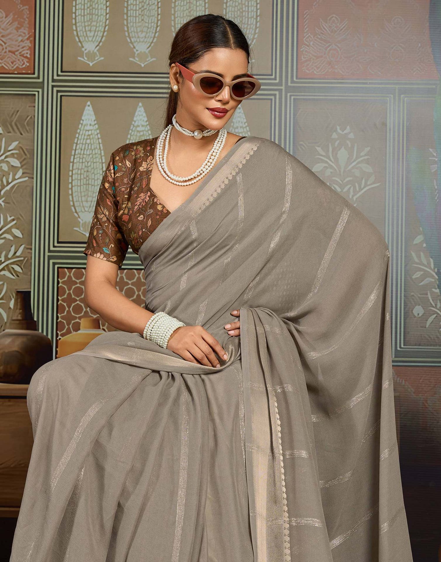Grey Chiffon Woven Saree