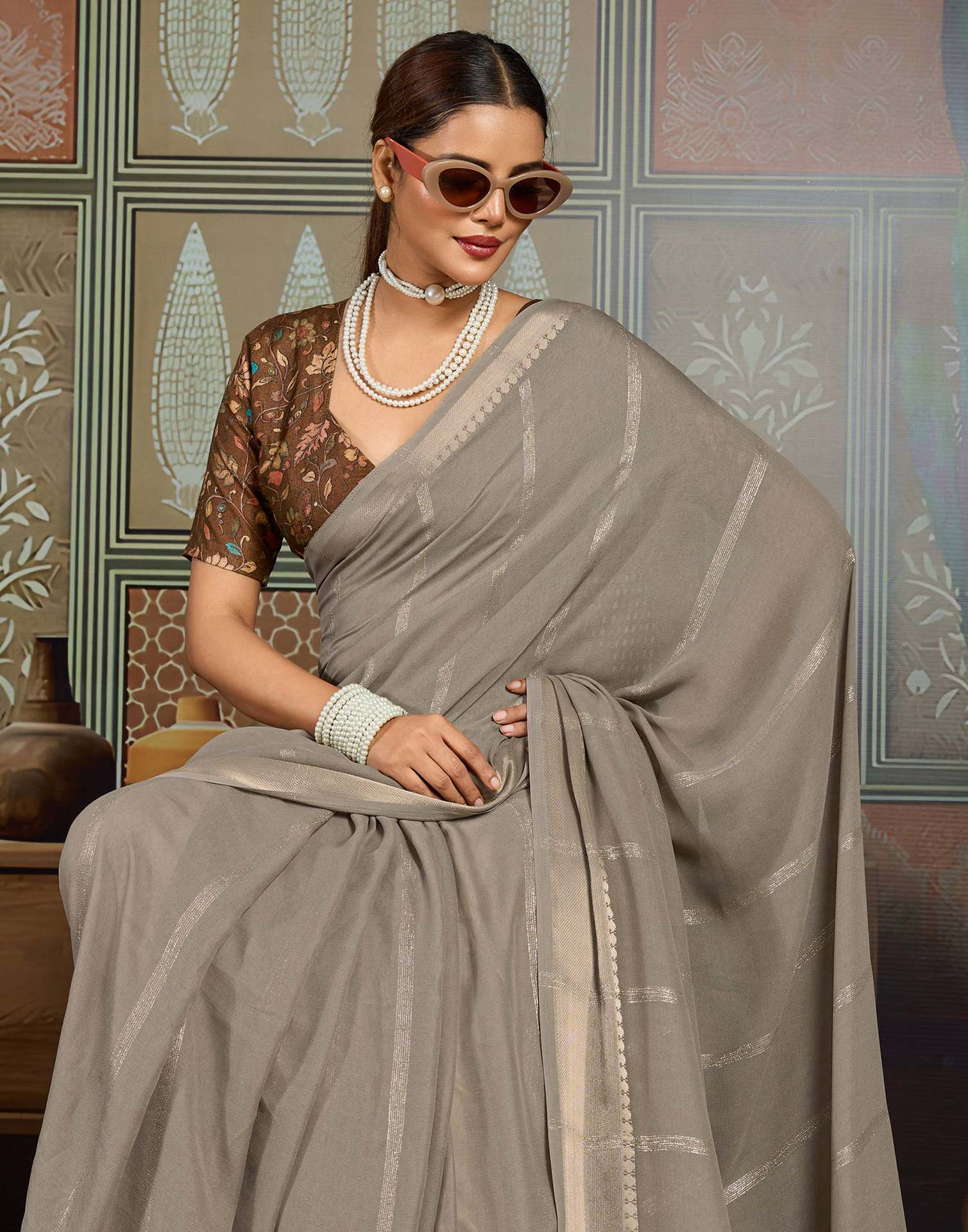 Grey Chiffon Woven Saree