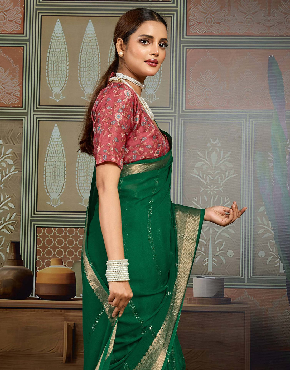 Green Chiffon Woven Saree