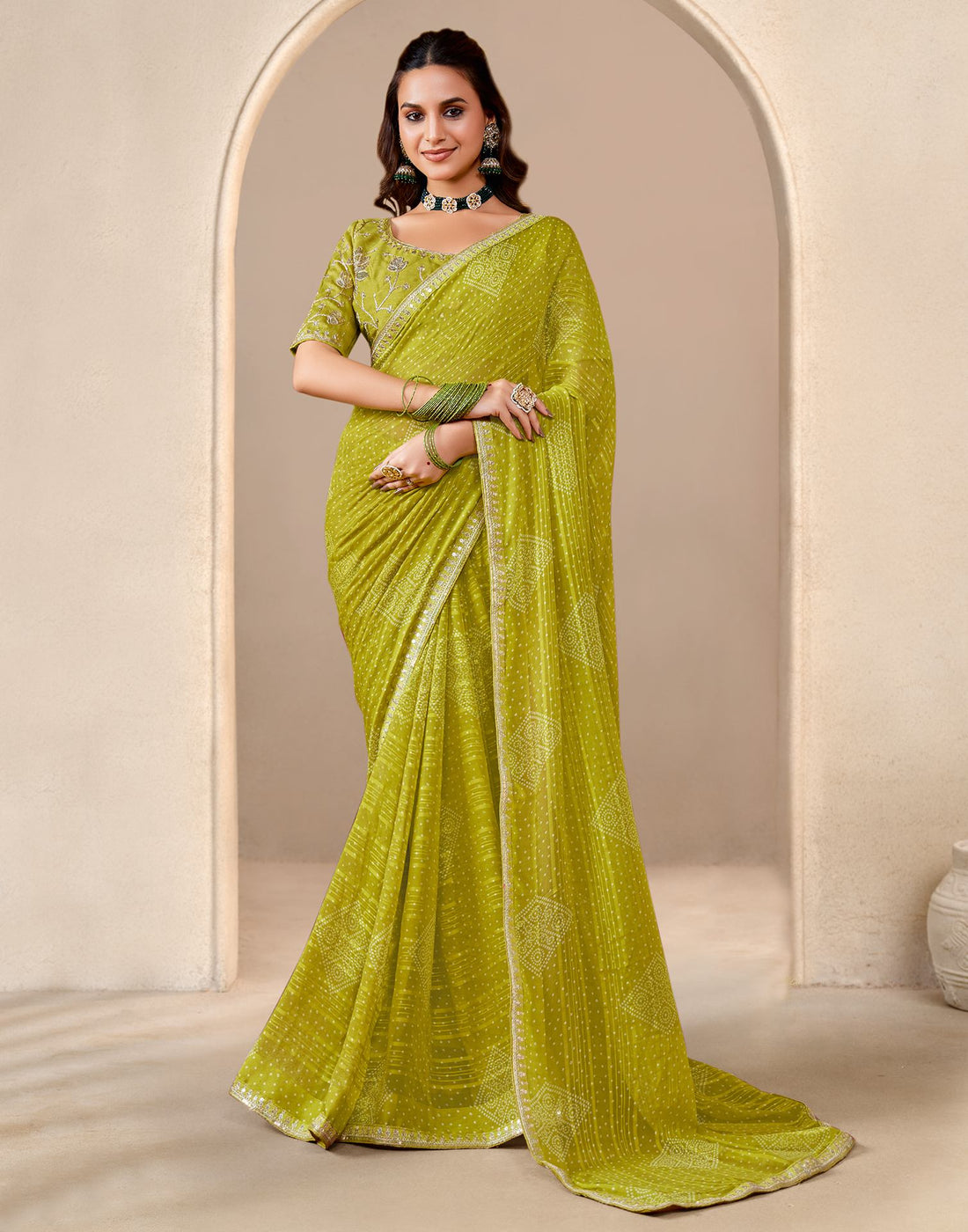 Lime Green Georgette Printed Bandhani Saree