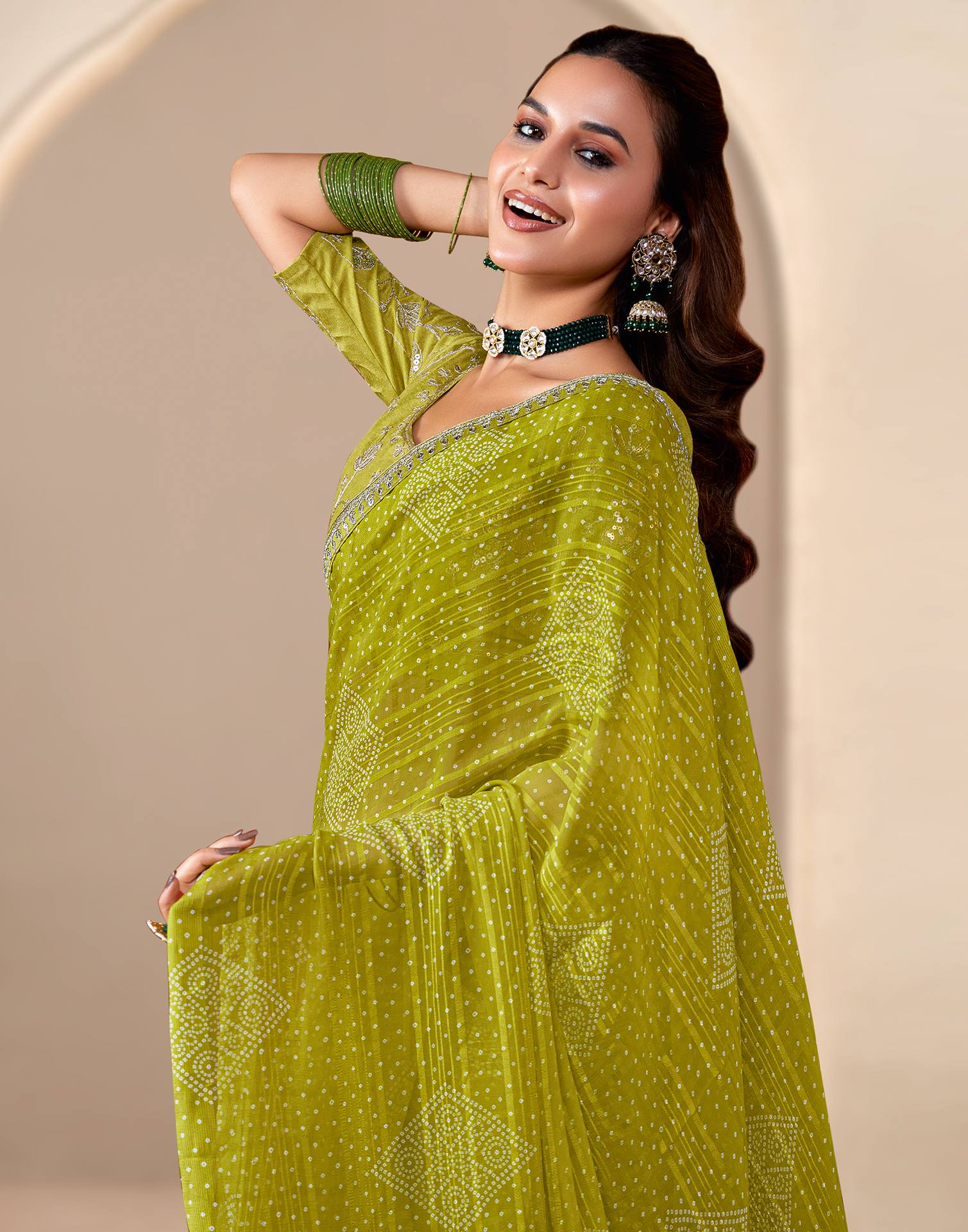 Lime Green Georgette Printed Bandhani Saree